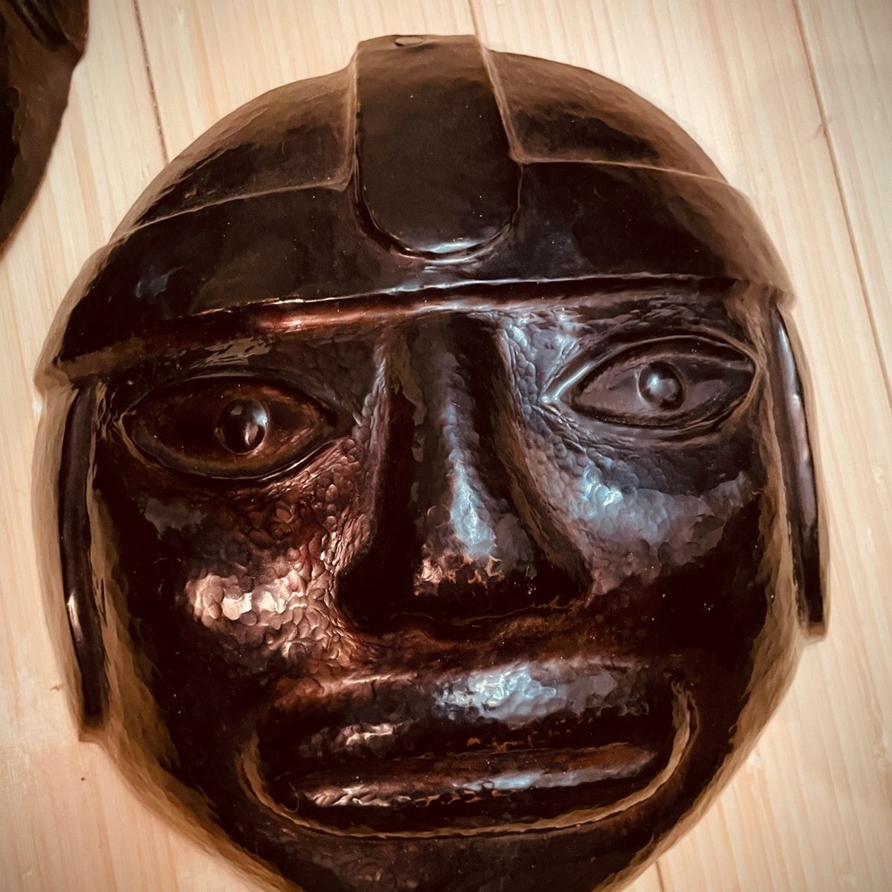 2 VTG RARE Hammered Copper Masks Creepy Aztec Decor 9" Hanging 3D Wall Art - Picture 3 of 9